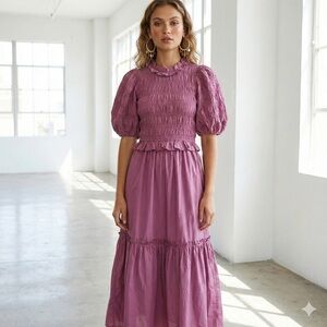 Sea New York Mauve Smocked Puff Sleeve Ruffle Cotton Midi Dress - US 2 / Small